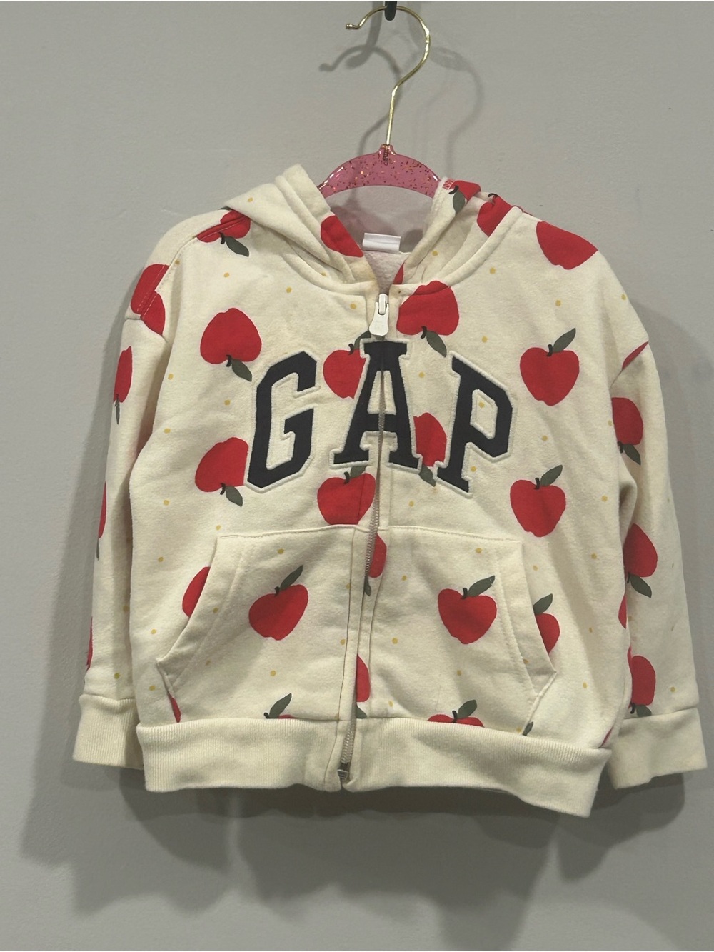 GAP Cream Zip-Up Hoodie with Red Apple Print
